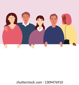 Group Of Different Stylish Fashionable Modern Men And Women With White Blank Banner Flat Vector Art Illustration Isolated On Light Background. International Friendship Day