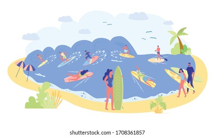 Group different Surfer on Clear, Ocean Shore. On High Wave there Many People on Surfboard. Man and Woman in Bathing Suit Rushed into Water to Ride Nature. Tropical Palm Tree on Beach.