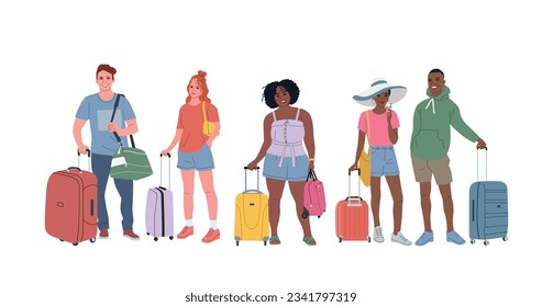 Group of different teenagers with suitcases. Vector flat cartoon illustration