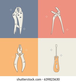 Group of different types of home tools. Modern vector outline style icon set.