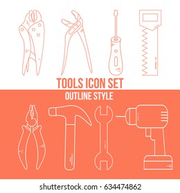 Group of different types of tools. Modern vector outline style icon set.