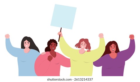 Group of different women at demonstration expressing protest, declaring their rights. Vector flat graphics.