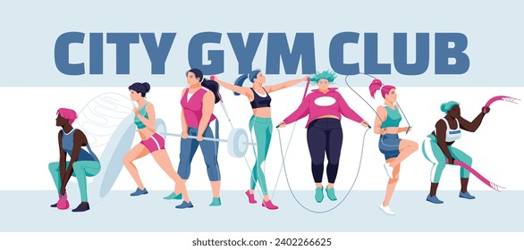A group of different women doing exercises in the gym. Sport is a healthy lifestyle and gym advertising. Banner design. Vector flat illustration