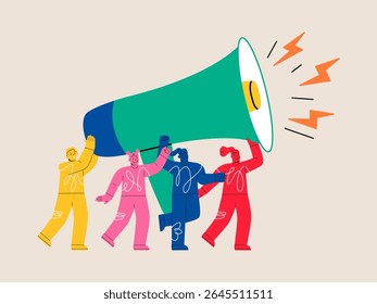 Group of different women goes and hold megaphone together. Colorful vector illustration