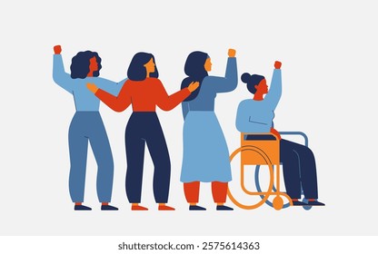 group of different women stand together for females rights and freedoms. Girls fight and protest for equality and inclusion.   Community unity friendship and support concept