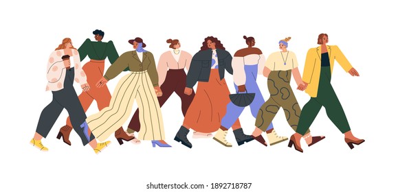 Group of different women walking together and holding hands. Strong and brave girls supporting feminist movement. Sisterhood and feminism concept. Colorful flat vector illustration isolated on white.