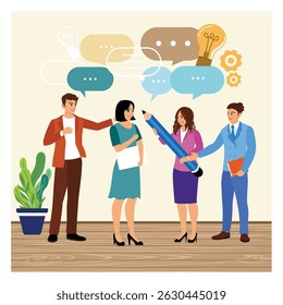 A group of different workers standing in the office. Discussing and communicating with speech bubbles. Flat vector illustration.