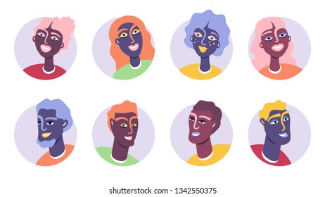 Group Of Different Young People Beautiful Women And Men Isolated On White Background. Avatar Icons Set Flat Vector Stylized Illustration. Happy Friends Day. Human Rights