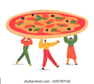 Group of different young people hold pizza together.Delivery concept.Women and man with margarita pizza.Cartoon characters isolated on white background.Colorful flat vector illustration.