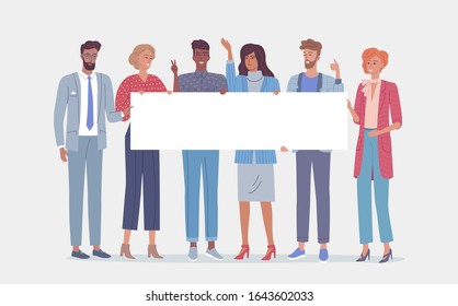 Grupo de diferentes jóvenes con afiche blanco. Ilustración vectorial de trabajo en equipo de Office