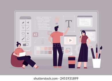 Group of digital artists drawing in graphic editor program on transparent screen. Creative illustrators creating illustration or design graphic. Colleagues freelancers at work. vector illustration