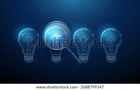 Group of dim light bulbs and one glowing bulb under magnifying glass. Idea discovery, hypothesis testing, critical thinking, experimental analysis concept. Low poly digital futuristic style. Vector