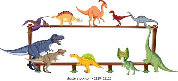 Group of dinosaurs around board on white background illustration