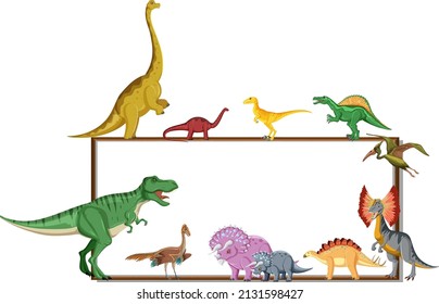 Group of dinosaurs around board on white background illustration