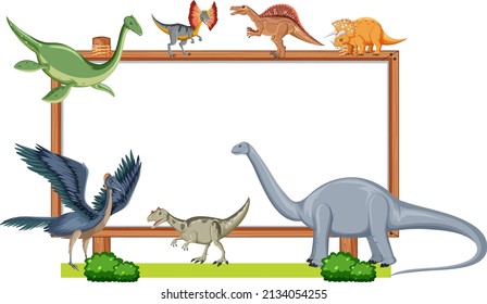 Group of dinosaurs around board on white background illustration