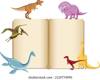 Group of dinosaurs around book on white background illustration