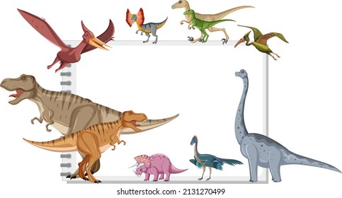 Group of dinosaurs around note on white background illustration