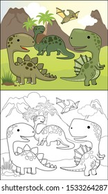 Group of dinosaurs cartoon on volcanoes background, coloring book or page