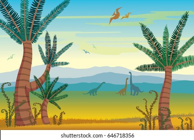 Group of dinosaurs, mountains and prehistoric plants on a blue sky background. Vector landscape with extinct animals - pterodactyl and diplodocus. 
