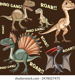 Group of dinosaurs roaring with excitement