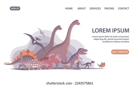 Group of dinosaurs. T rex, brachiosaurus, pteranodon and triceratops. Jurassic animals. Children toys, attraction and entertainment park. Design for poster, banner, website. Cartoon illustration