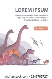 Group of dinosaurs. T rex, brachiosaurus, pteranodon and triceratops. Jurassic animals. Children toys, attraction and entertainment park. Design for poster, banner, website. Cartoon illustration