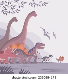 Group of dinosaurs. T rex, brachiosaurus, pteranodon and triceratops. Jurassic animals. Children toys, attraction and entertainment park. Cartoon vector illustration