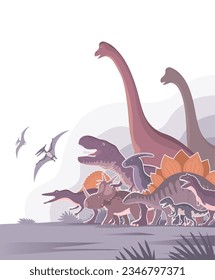 Group of dinosaurs. T rex, brachiosaurus, pteranodon, spinosaurus and stegosaurus. Jurassic animals. Children toys, attraction and entertainment park. Cartoon vector illustration