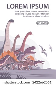 Group of dinosaurs. T rex, brachiosaurus, stegosaurus. Jurassic animals. Children toys, attraction and entertainment park. Cartoon vector illustration. Design for website, banner, poster