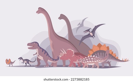 Group of dinosaurs. Trex, brachiosaurus, pteranodon, stegosaurus and triceratops. Jurassic period. Children toys, attraction and entertainment park. Cartoon vector illustration