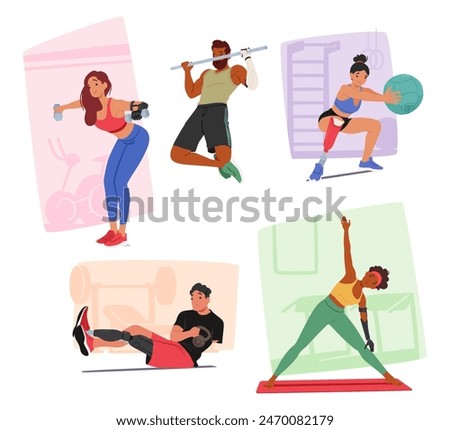 Group Of Disabled Characters Engaged In Various Gym Activities, Promoting Fitness And Inclusivity. Men And Women With Prosthetics And Mobility Aids, Involved In Exercises Like Lifting Weights And Yoga