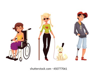 Group of disabled children, cartoon vector illustration isolated on white background. Special needs, handicapped kids. Girl in wheelchair, blind girl with stick and assistance dog, boy with prostheses