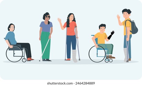 a group of disabled people to each their disability, vector flat art