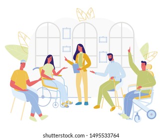 Group Disabled People Sitting in Circle with Doctor Flat Cartoon Vector Illustration. Having Discussion with Therapist. Man and Woman on Whellchair. Communication in Medical Room.