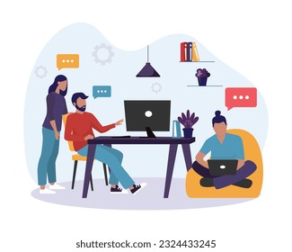 Group discusses achievements, produces ideas. People work in comfortable conditions. Modern coworking center, no dress code. Shared working environment