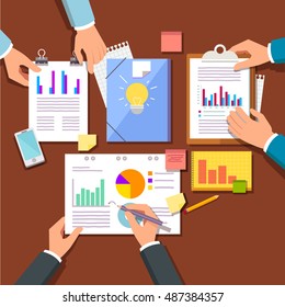 Group discussing new startup business plan marketing and sales ideas and research data. Hands working with statistical papers top view. Modern flat style vector illustration.