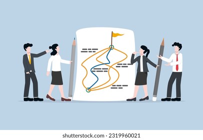 Group discussion to find solution to achieve goal, brainstorming and decision making, team planning concept, Business teammates considering best path for success on chart paper. 