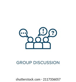 Group Discussion Icon. Thin Linear Group Discussion Outline Icon Isolated On White Background. Line Vector Group Discussion Sign, Symbol For Web And Mobile