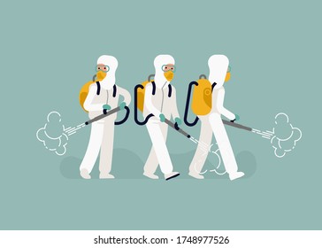 Group of disinfection specialists performing deep cleaning using disinfectant sprays wearing protection gear. Preventing coronavirus transmission during pandemic concept vector illustration