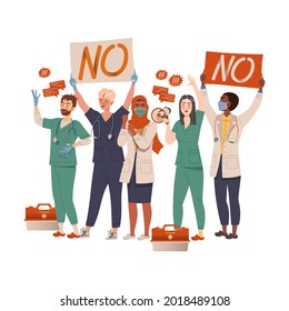 Group Of Dissatisfied People Protesting Holding Placard Defending Their Rights Vector Illustration