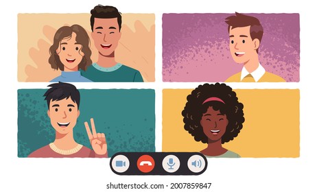 Group distant video conference call with 4 people. Men, women talk from home meet online. Smiling people friends chat online on device screen. Virtual distance communication flat vector illustration