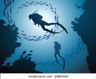The group of divers rises from depth of ocean