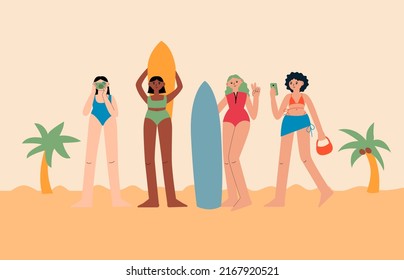 Group of diverse beautiful women in swimsuits. Diversity equality concept. Girls with surfboards, camera and phone. Cute vector summer vector illustration. 