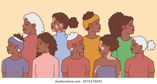 A group of diverse Black individuals of all ages and styles, standing together in harmony. Perfect for Black History Month and cultural celebrations.