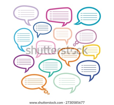 Group of diverse blank speech bubbles with horizontal lines for text, in multiple colors.