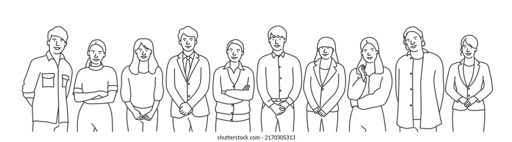 Group of diverse business people standing together. Hand drawn vector illustration. Black and white.