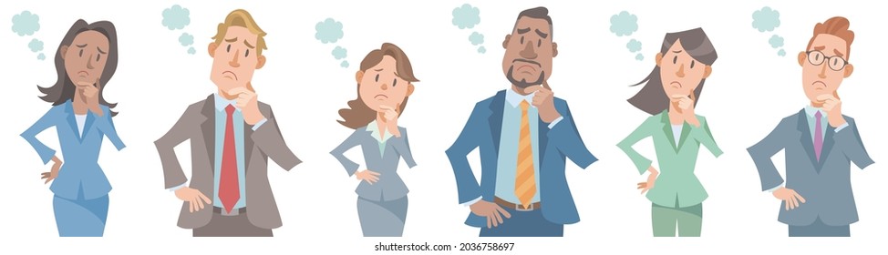Group of diverse business people thinking on white background. Worry, stress, wonder, thinking. Vector illustration in flat cartoon style.