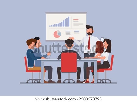 Group of diverse business professionals having a discussion in a conference room, with charts and laptops character vector illustration design. 