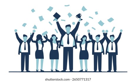 A group of diverse business professionals are joyfully celebrating a victory. They are raising their arms in the air, with confetti falling around them, and one person holds a trophy.