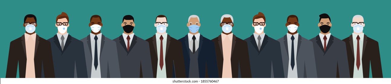 Group of diverse businessman men of adult and senior age, of different race, in office style clothes, wearing masks for pandemic protection from covid19. Flat design vector illustration.